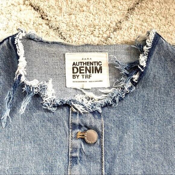 ZARA TRF Collarless Frayed Denim Jacket Size XS - Picture 7 of 14